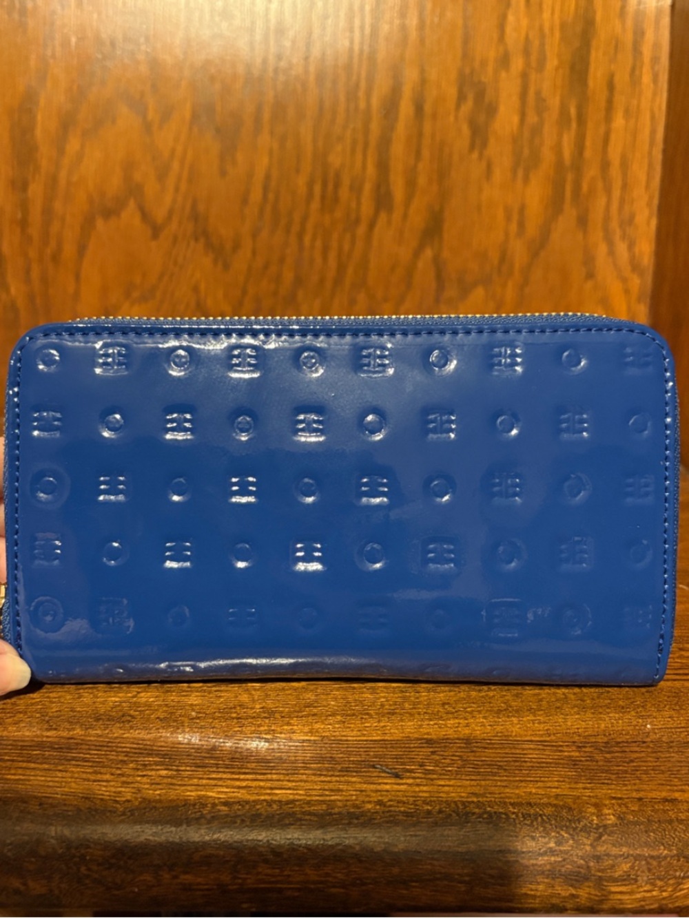 NWT-Arcadia-Zip Around Continental Wallet-Embossed Logo-Patent Leather-Sapphire - Picture 2 of 16